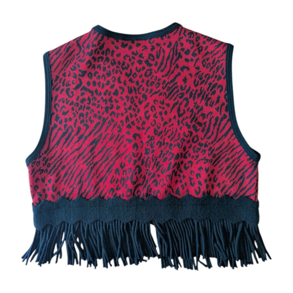 Sag Harbor Red & Black Animal Print Sweater Vest Whimsygoth Festival Fringe - Picture 2 of 4